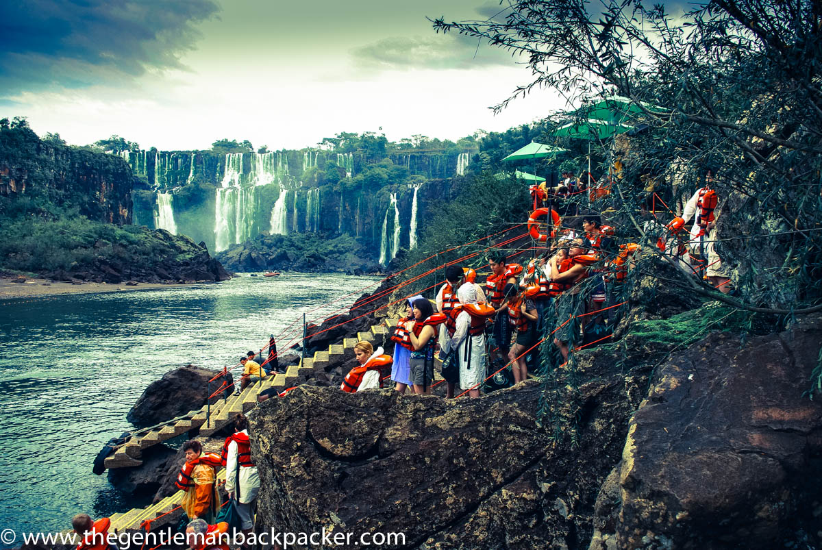 Condemned to walk the plank: Tourists about to board the zodiacs at Iguazu