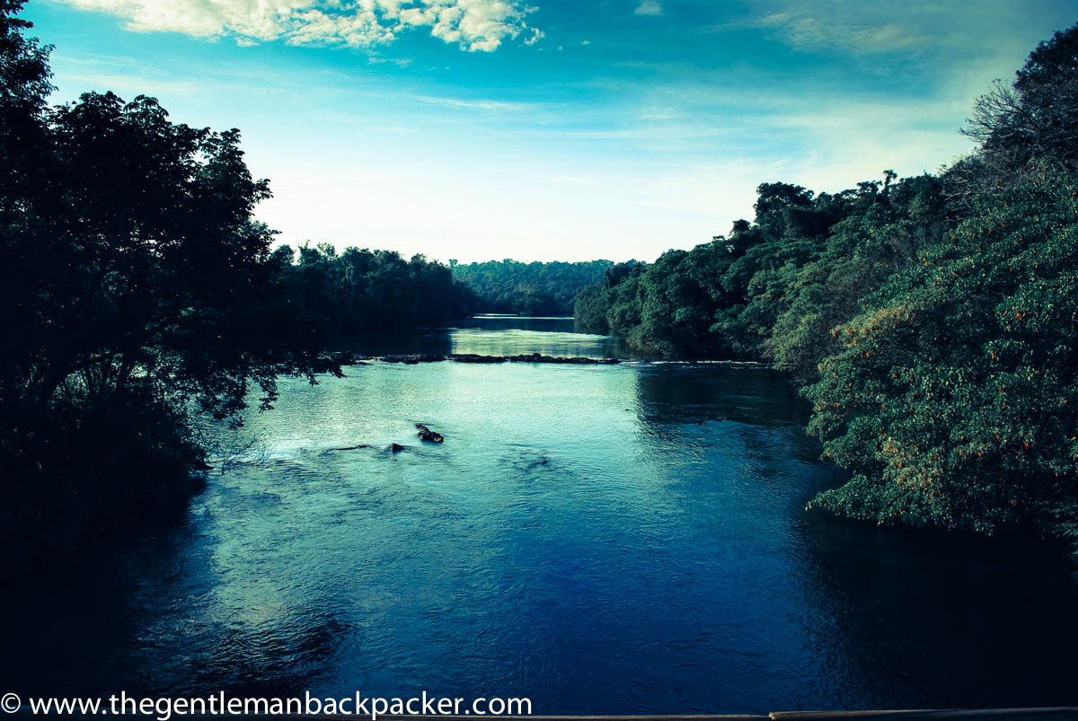 The waters near the Garganta del Diablo, biggest of the 270 waterfalls, are surprisingly calm