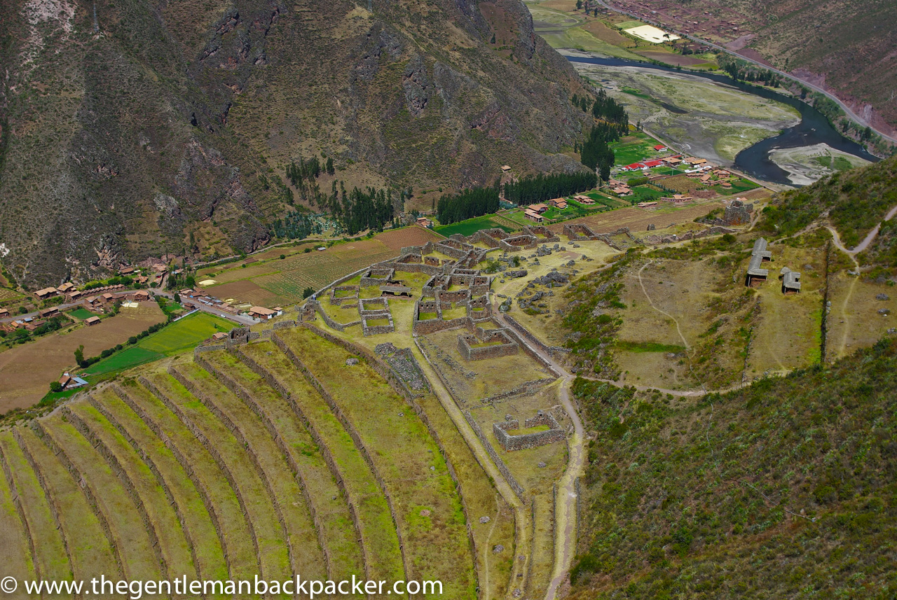 Bird's Eye view of the ruins and modern town of Pisac, Peru