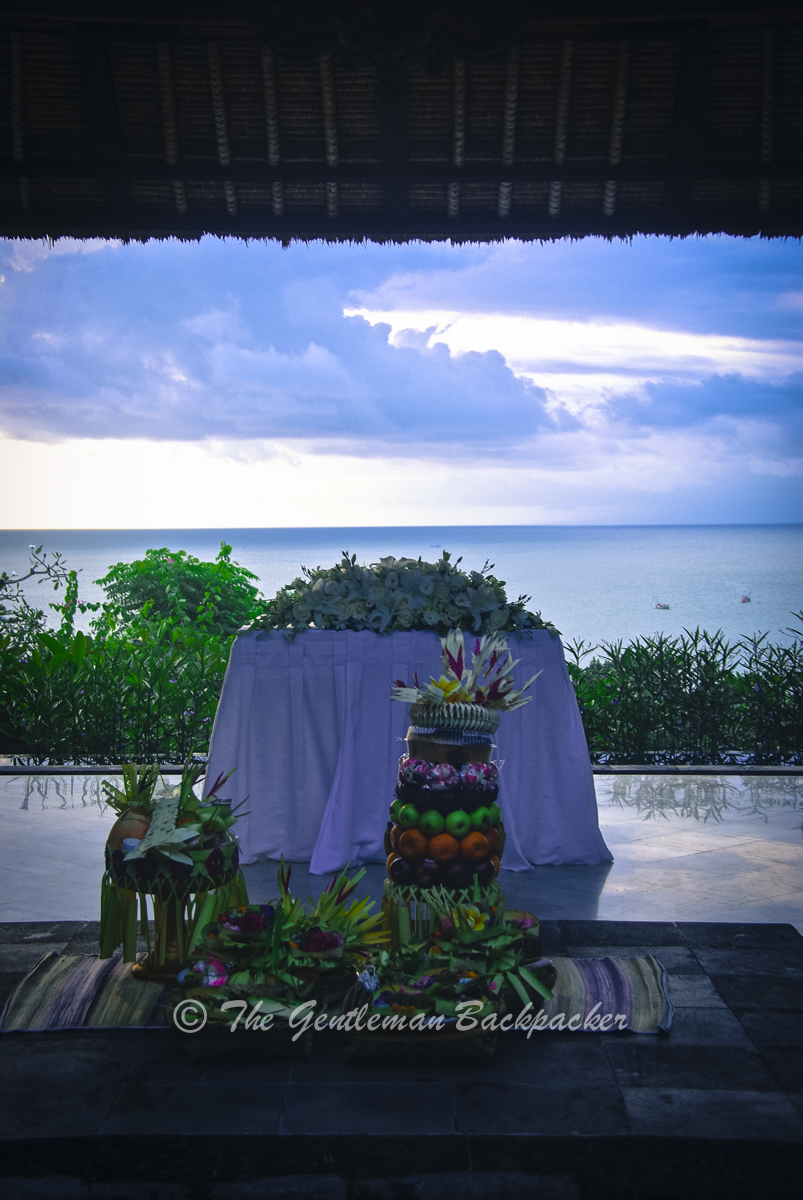 A ceremonial offering awaits the arrival of a wedding party in Bali